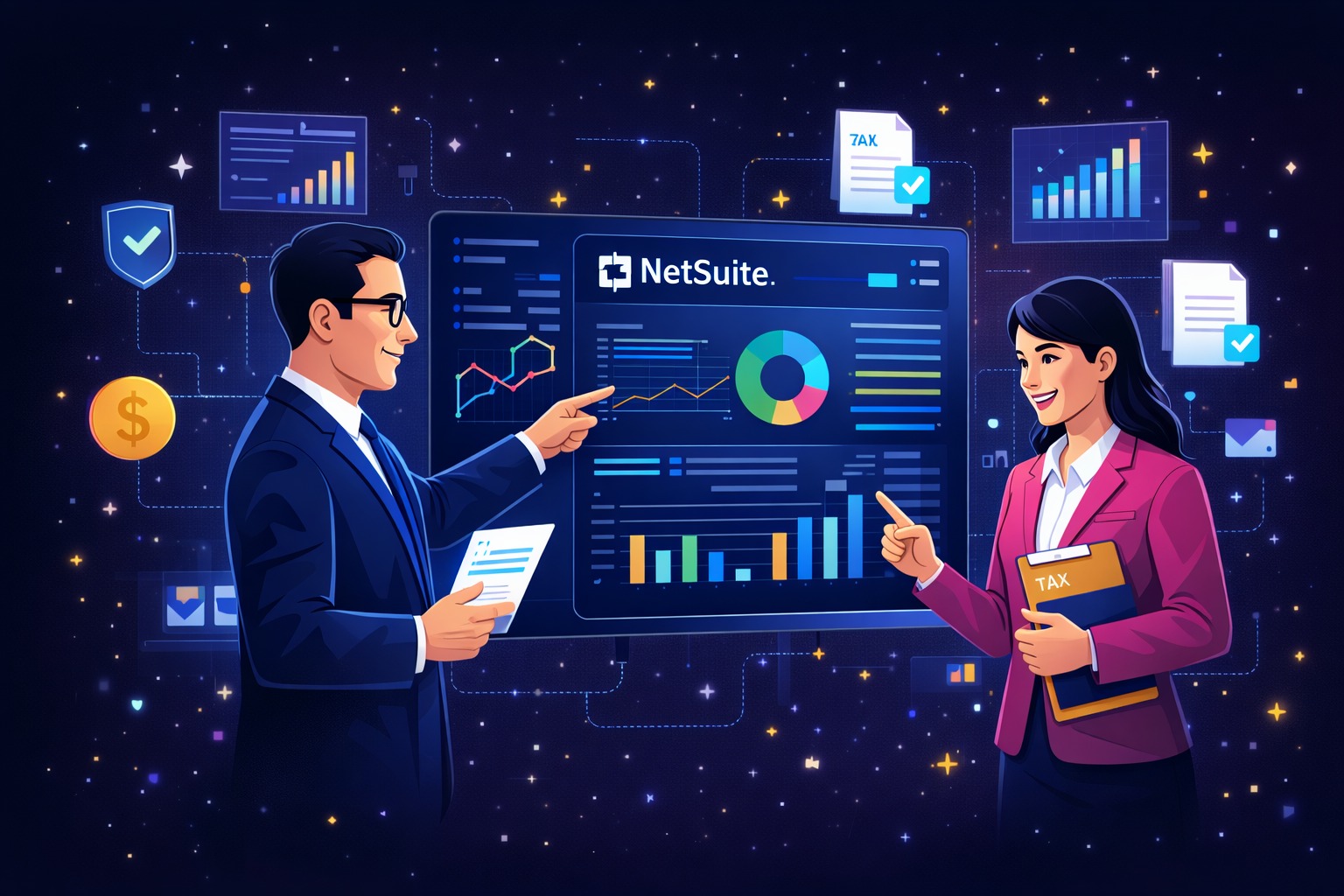 Finance and NetSuite specialists collaborating around NetSuite dashboards